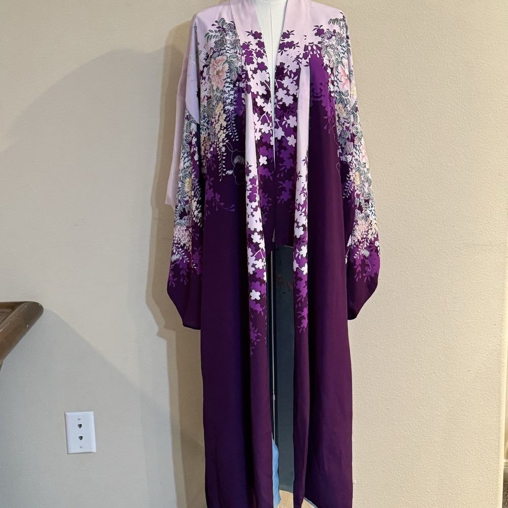 Vintage Reversible Japanese Rayon Kimono Robe Purple Floral Made Japan 1930s - Picture 4 of 16